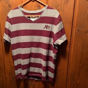 Aeropostale Men's Maroon and Gray Striped Tee